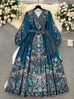 Spring Autumn plus Size New Vintage Print Elegant Holiday Style Dress Middle East Robe Ethnic Long Sleeve V-Neck Belted Commute