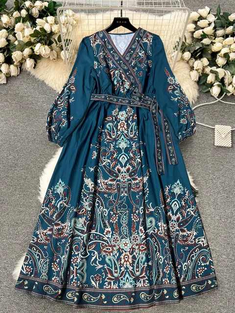 Spring Autumn plus Size New Vintage Print Elegant Holiday Style Dress Middle East Robe Ethnic Long Sleeve V-Neck Belted Commute