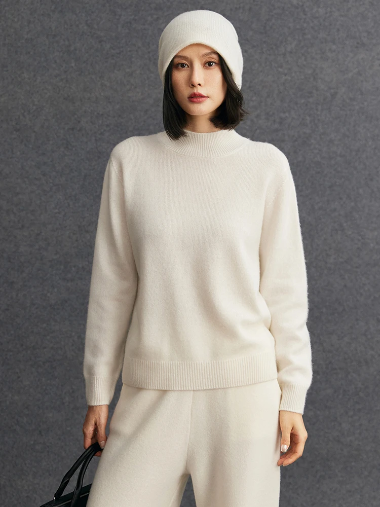 

TLOML Women 100% Cashmere Sweater Flat Mock Neck Pullover Autumn Winter Long Sleeve Base Shirt Soft Warm Cashmere Knitwear Tops