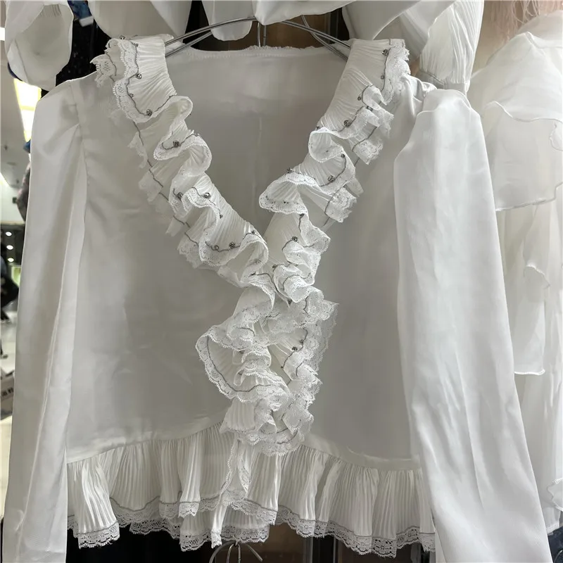 

Elegant Pleated Lace White Shirt Women's Spring Summer Fashionable Lady's Choice Pearl Embellished Top Polyester Blend