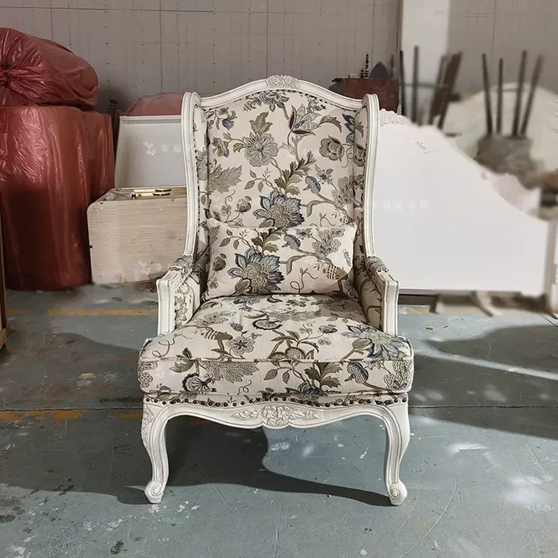 American Solid Wood White Vintage Living Room Single Sofa Balcony Leisure Chair Jacquard Fabric High Back Armchair
