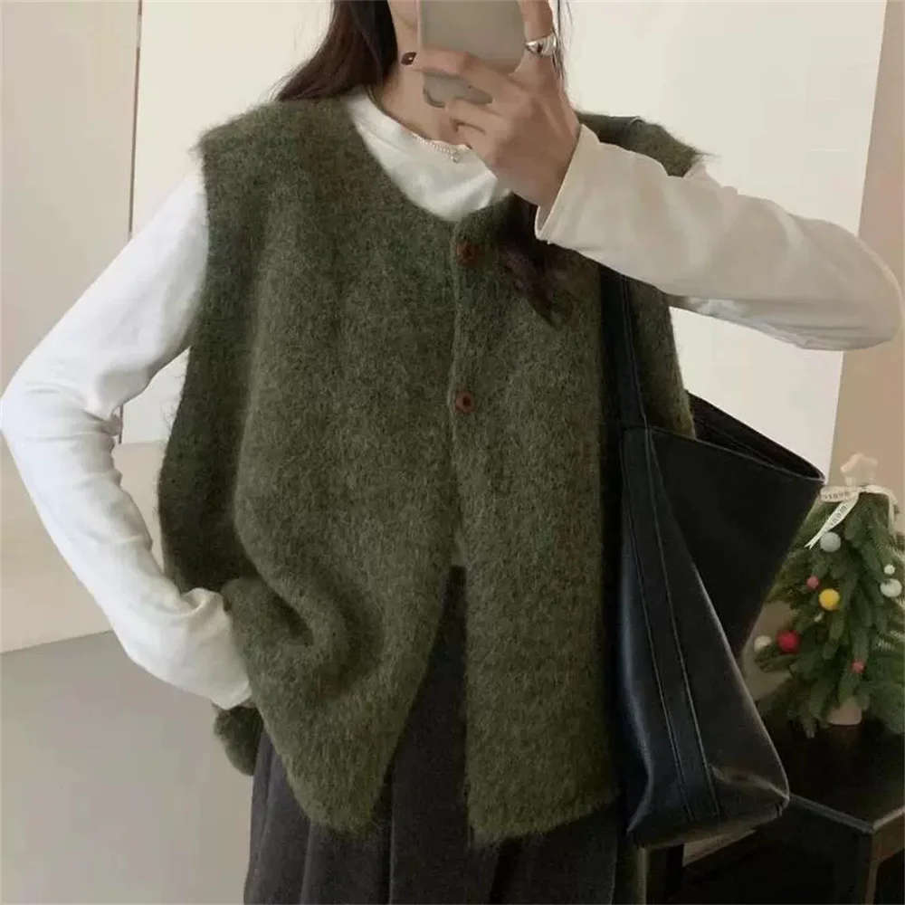 2025 Korean Casual Sweater Women Vest O Neck Solid Short Waistcoat Preppy Style Knitted Jacket Fashion Autumn Women's Sweater