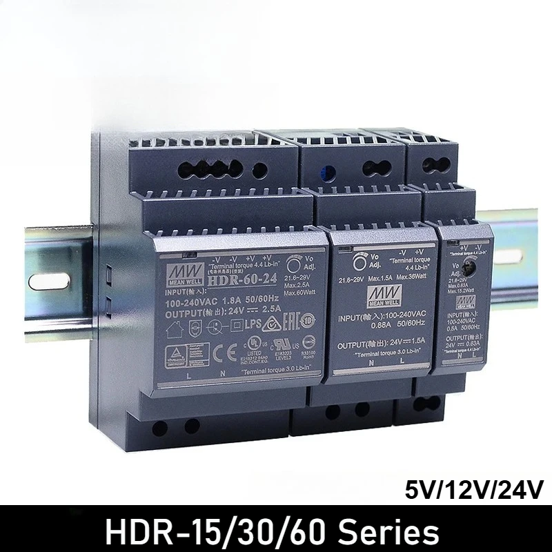 HDR rail 24V DC 12/5A switching power supply 15W 30W 60W AC to DC Voltage 5V 12V 24V  0-7.1A SMPS