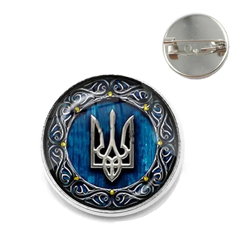 Tryzub Ukraine Badge Brooches Mysterious Retro Rune Glass Dome Cabochon Silver Bronze Plated Collar Lapel Pin Steampunk Brooch