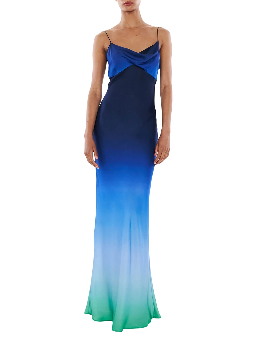 

Women Spaghetti Strap Cowl Neck Long Dress Blue Gradient Slip Slim-Fit Sleeveless Bodycon Party Dress