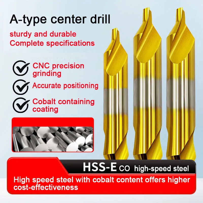 HSS-E Co Center Drill, A-Type High-Speed Steel Drill, Thick Handle Fixed-Point Drill, High-Performance Stainless S