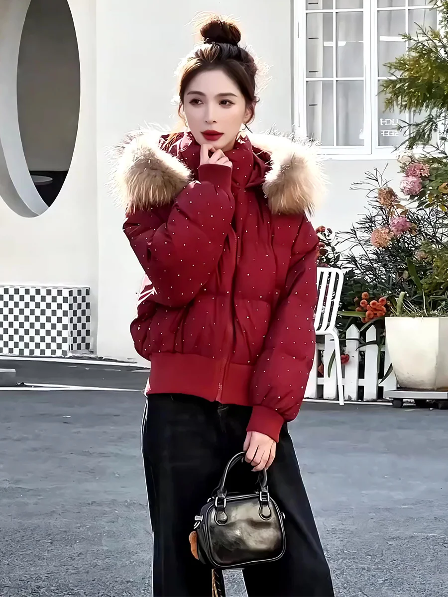 

Women's ort Puffer Jaet 90 White Du down Hooded Coat Red Color True Fur Collar Warm Casual Sle Regular Fit Winter New