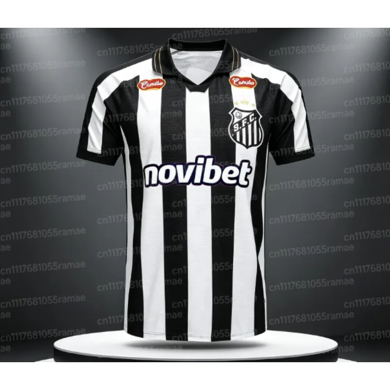 Santos Fußball-Fan-Uniform, Schwarz-Weißes Vertikalstreifen-Design, Kurzarm, Atmungsaktives Sport-Familien-Trainings-T-Shirt für Fans – Detail 4