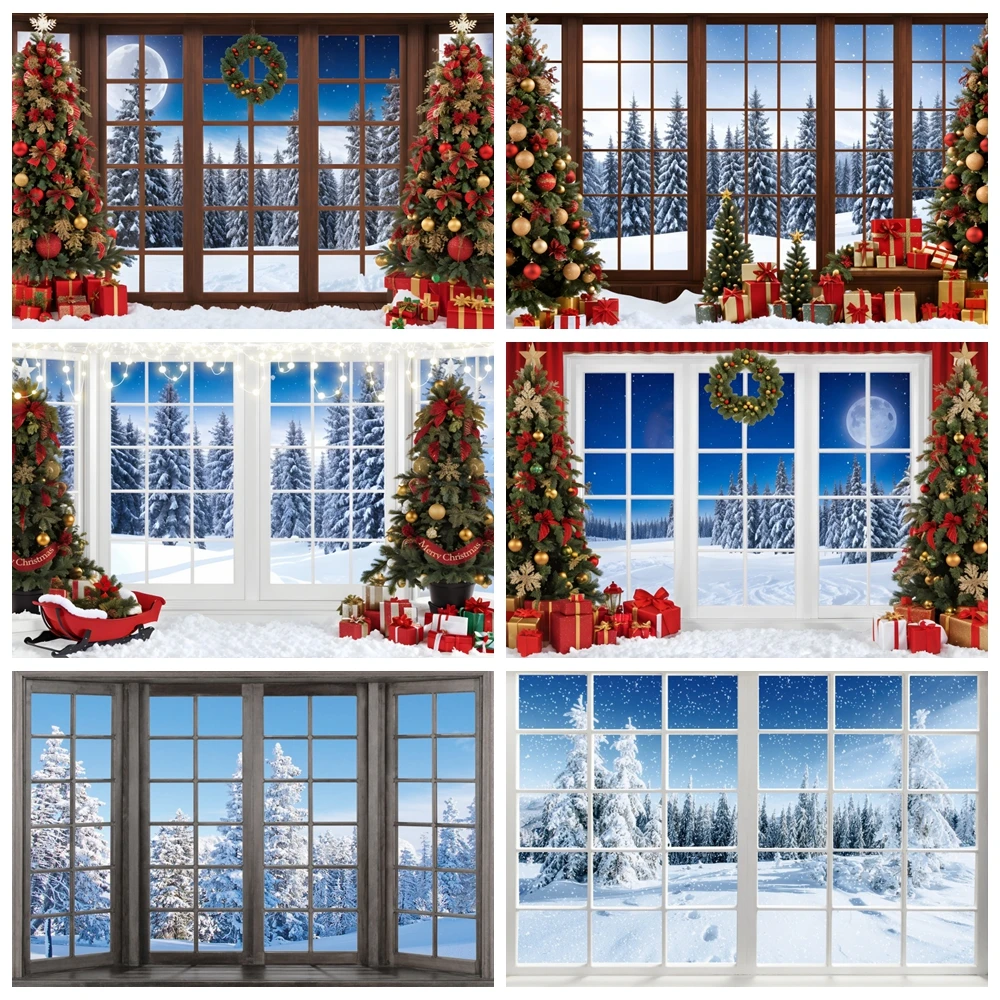 

Winter Window Forest Backdrop Snow Scene Glitter Lights Pine Trees Xmas Party Kid Family Portrait Photography Background Decor