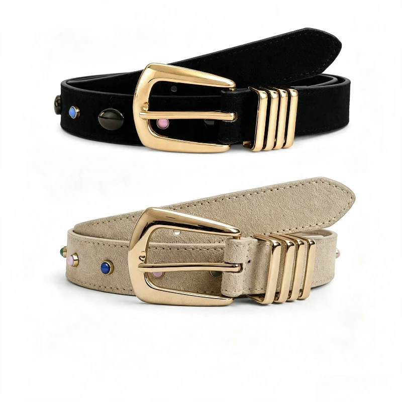 Ladies Retro Suede Texture Thin Waist Belt Colorful Pearl Studded Gold Multi Loop Buckle Niche Versatile Dress Fashion Waistband