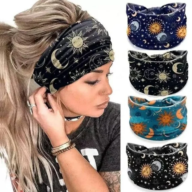 4 Pcs Wide Headbands for Women Non Slip Knotted Headhand Bandana Star Moon Head Bands Hair Wrap Yoga Workout Hair Accessories