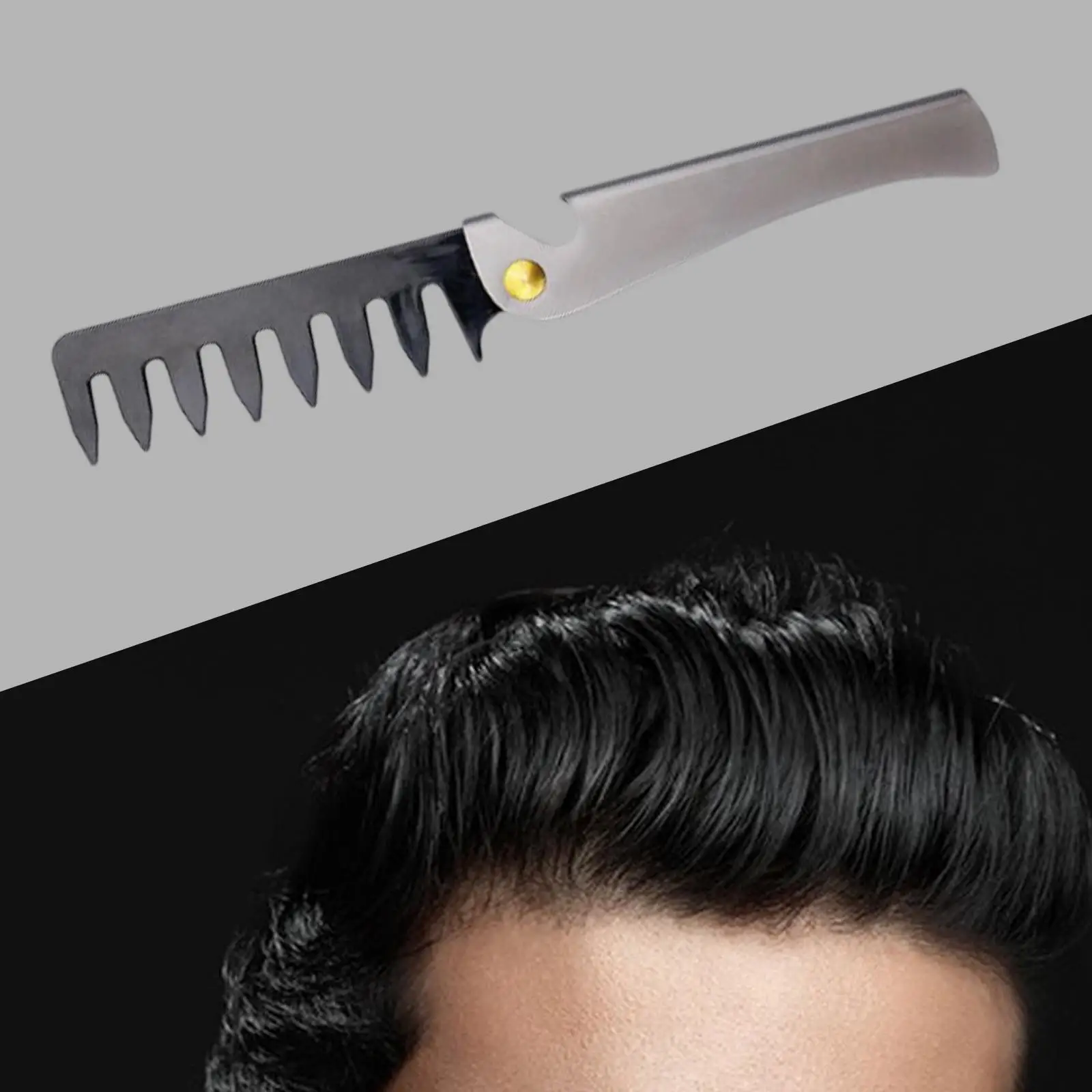 مشط برأس زيت قابل للطي عتيق ، مقبض من الفولاذ المقاوم للصدأ ، استخدم جافة أو مع بلسم