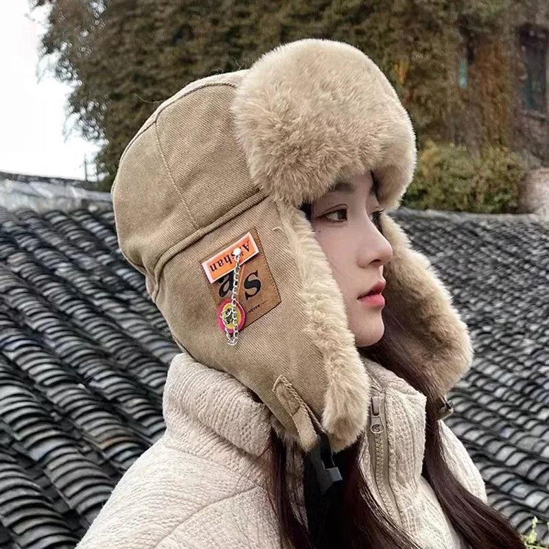 Winter Plush Bomber Hats for Women Men Imitation Faux Fur Warm Earflap Pilot Cap with Buckle Closure Warmer Outdoor Earflap Hats