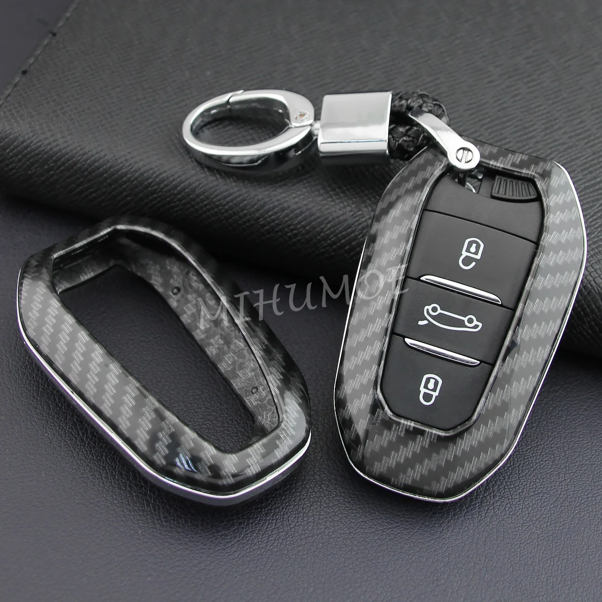 For Peugeot 208 508 2008 3008 5008 Citroen C3 C4 C5 DS 5 9 3 7 Crossback Carbon Fiber Car Smart Key Fob Cover Case Chain Ring