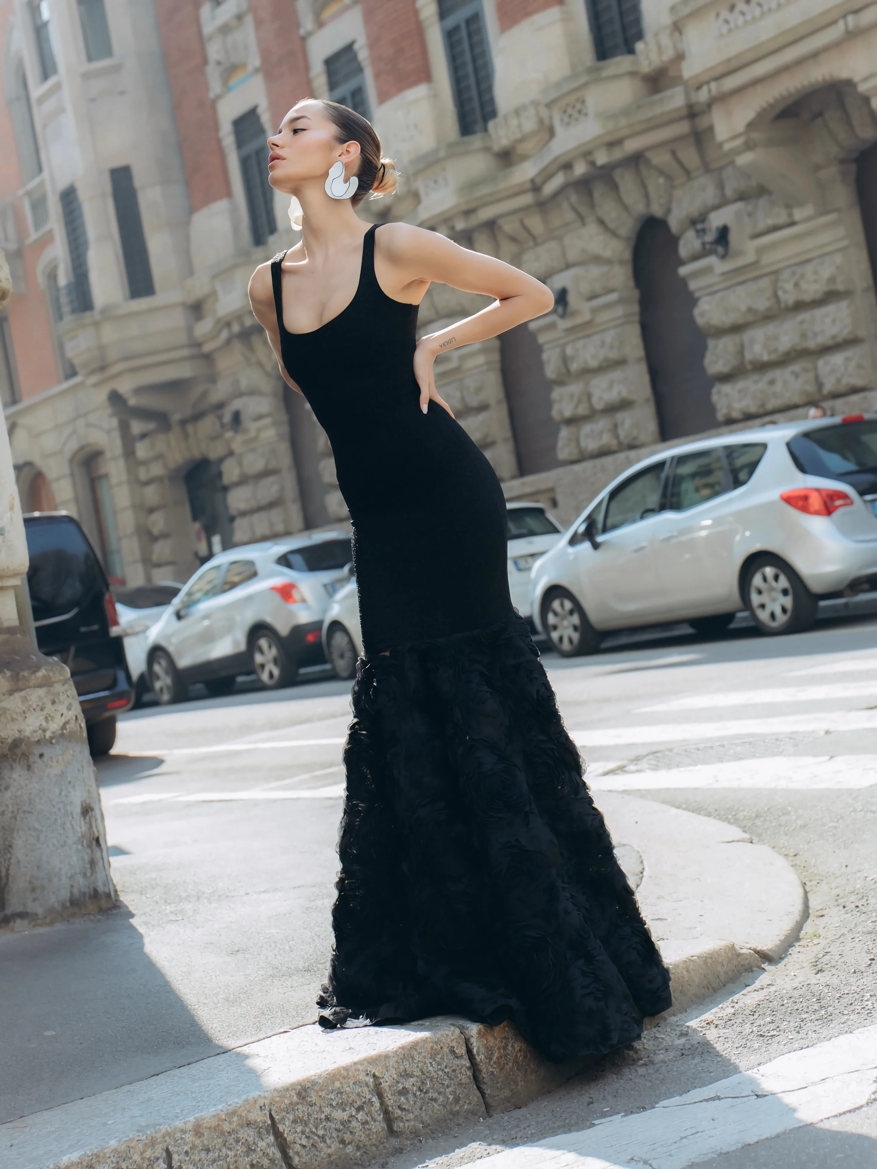 

Sexy Sleeveless Black Evening Dress Women Sparkly Slim Party Gown Elegant Floral Skirt Mermaid Prom Wedding Guest Outfit