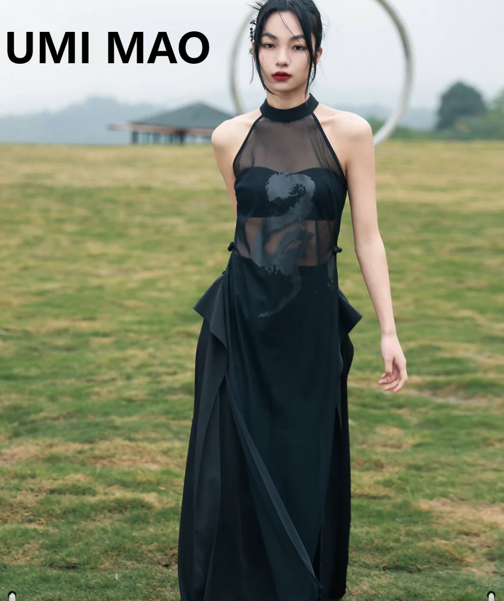 

UMI MAO Chinese Style Niche Design Sense Printed Cover Up New Summer Original High Slit Mesh Dress Elegant Femme Y2K