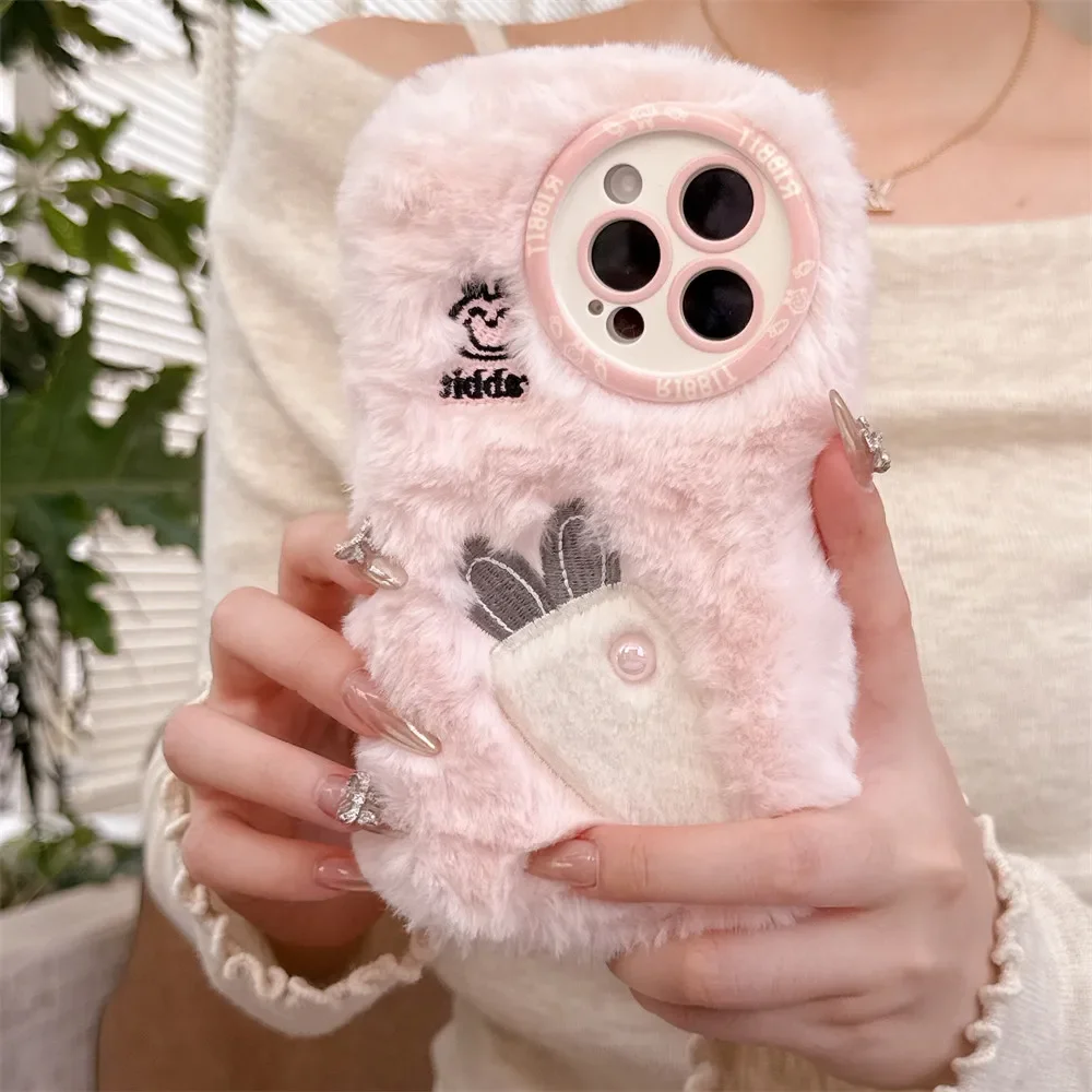 Plush Radish rabbit Phone Case for IPhone16 15 14 13 11 12 Pro Max Plus Cute Shockproof Warm Fur Anti-drop Protective Back Cover