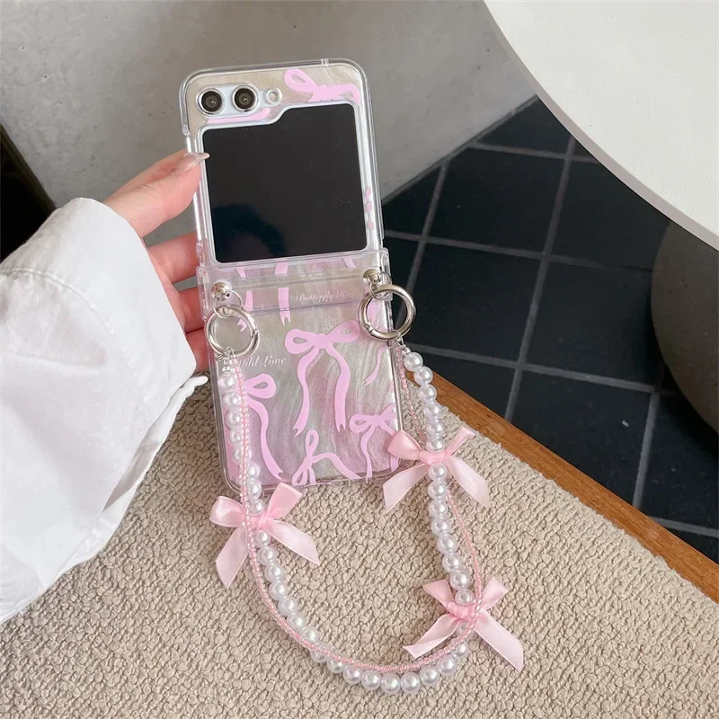 

Pink Bowknot Chain Phone Case for Samsung Galaxy Z Flip 6 5 4 3 Protective Back Cover for ZFlip4 ZFlip5 ZFlip6 Case