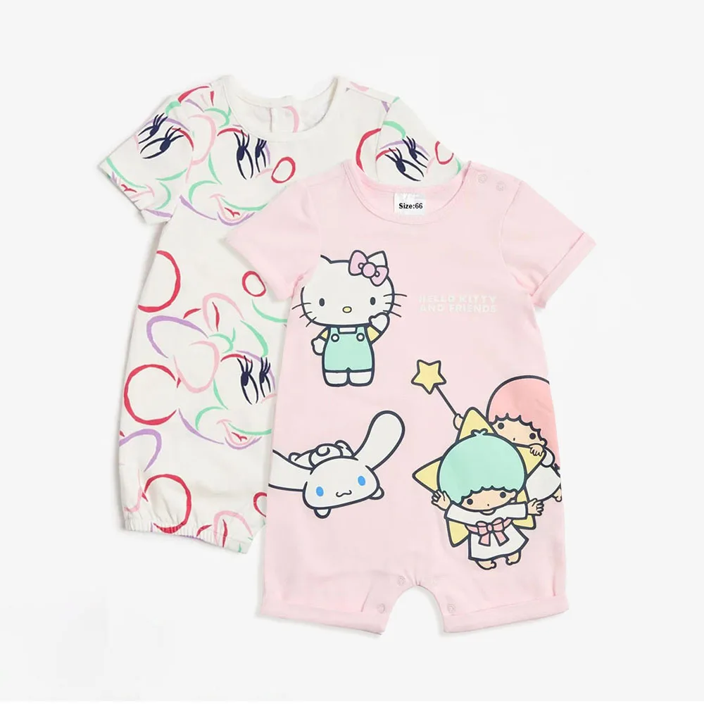 2Pcs Cotton Baby Girl Rompers Cute Hello Kitty Minnie Mouse Print Short Sleeve Jumpsuits Summer Mickey Mouse Infant Boy Clothes