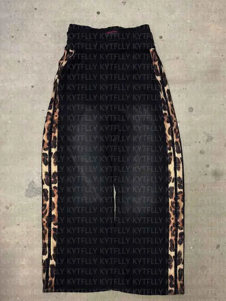 

2025 Retro Y2K Summer New Black Leopard Edge Double Waist Head Pants Wide Legs Gothic Style Suitable for Both Men and Women