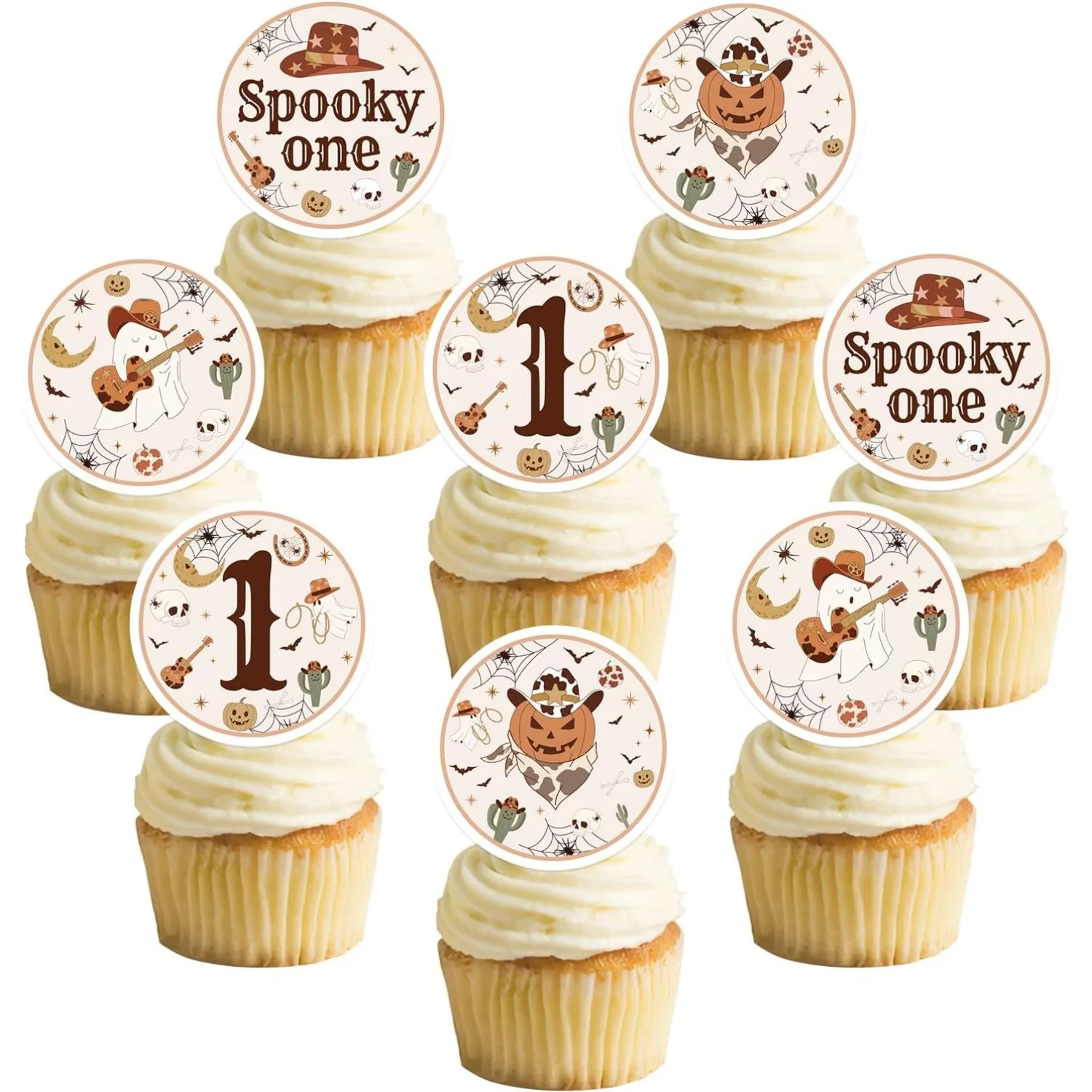 Sursurprise 24Pcs Halloween Western Cowboy Theme Cupcake Toppers Birthday Party Decorations Spooky Birthday Party Decor Supplies