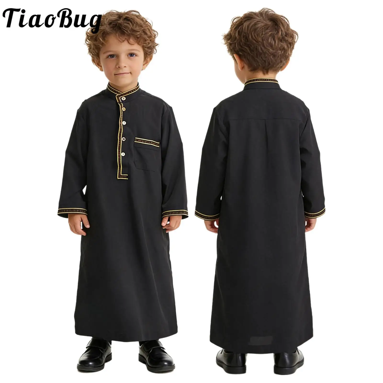 Muslim Boys Robe Abaya Arab Dubai Middle East Islamic Kaftan Thobe Long Sleeve Button Dress with Pocket Ramadan Eid Prayer Gown
