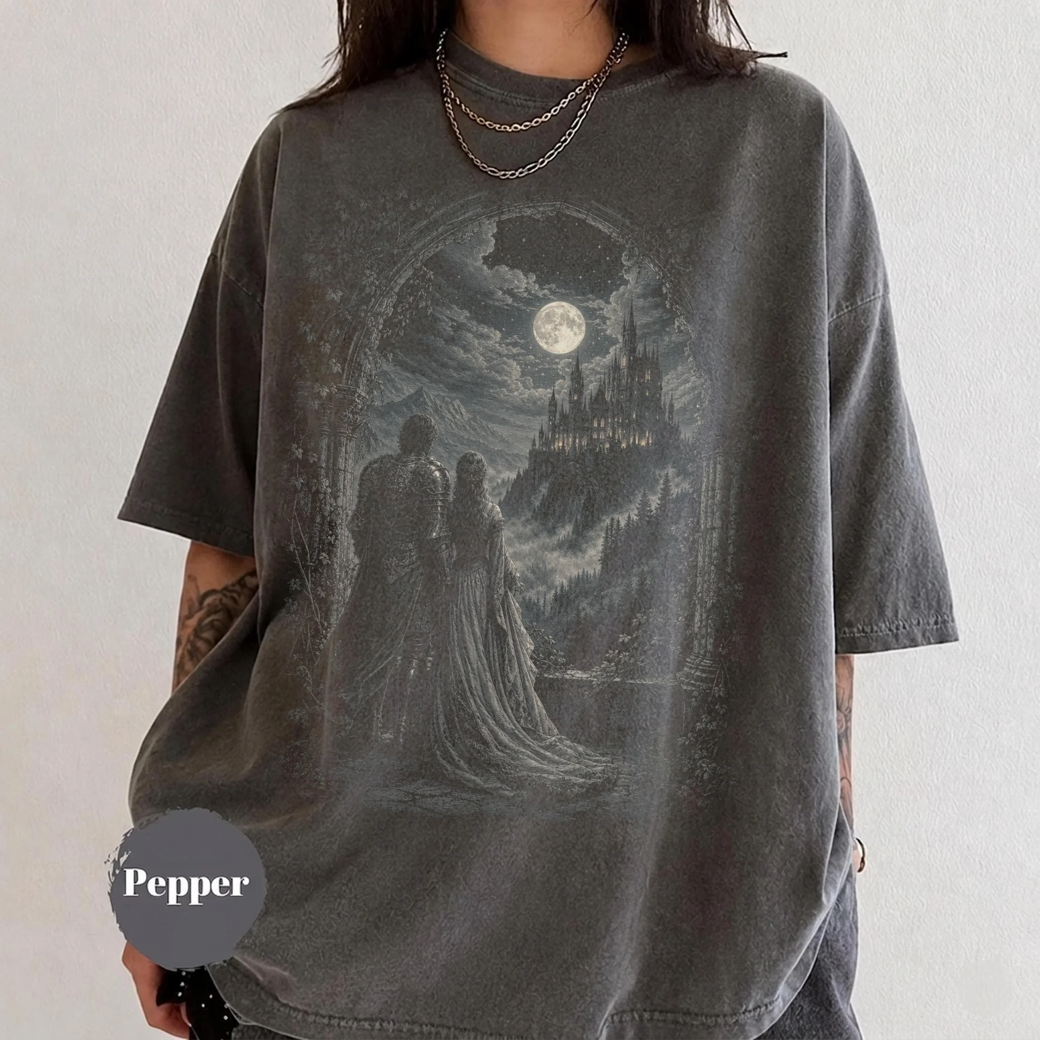 Moonlit Gothic Castle Shirt, Dark Academia Fantasy Tee, Knight & Fairytale Graphic T-Shirt, Bookish Gift Tee