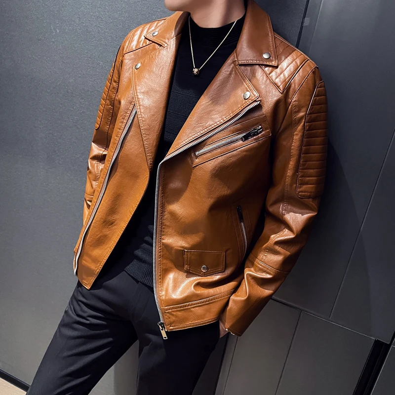 Business High Quality Casual Cardigan Tops Men Warm Waterproof Lapel Basic Coat Spring Autumn New Cool Motorcycle Leather Jacket