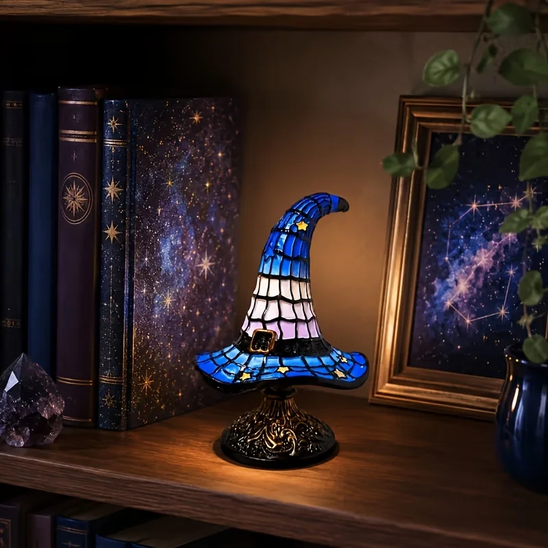 Halloween colored glass witch hat resin desktop statue ornament, handmade mosaic blue colored night light statue, witch hat decoration ornament,