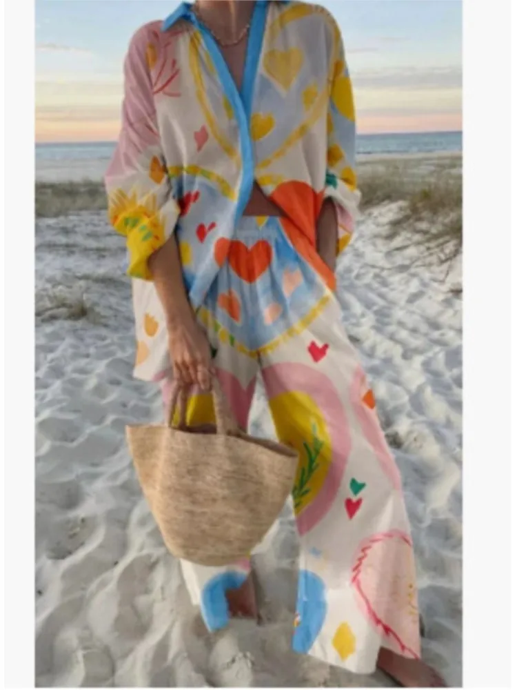Zomer Nieuwe Vakantie Stijl Cruise Print 2-delige set Revers Shirt + Wijde pijpen Broek Voor Vrouwen Casual Cruise Outfit Strandvakantie