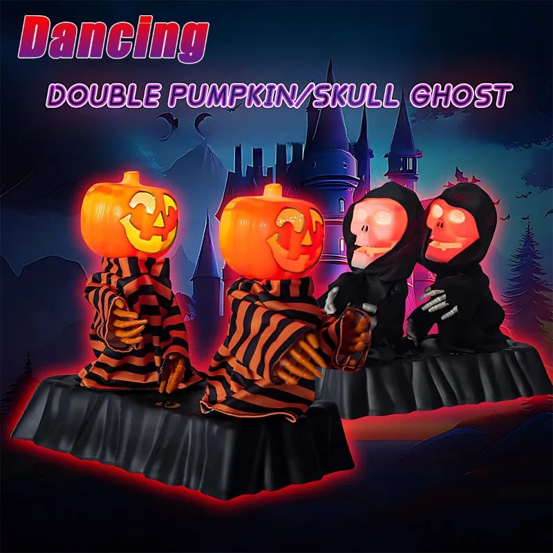 1 Set Halloween Electric Dancing Pumpkin Skeleton Duo Light Up Sound Effects Gradient Lights Funny Toy for Party Haunted House