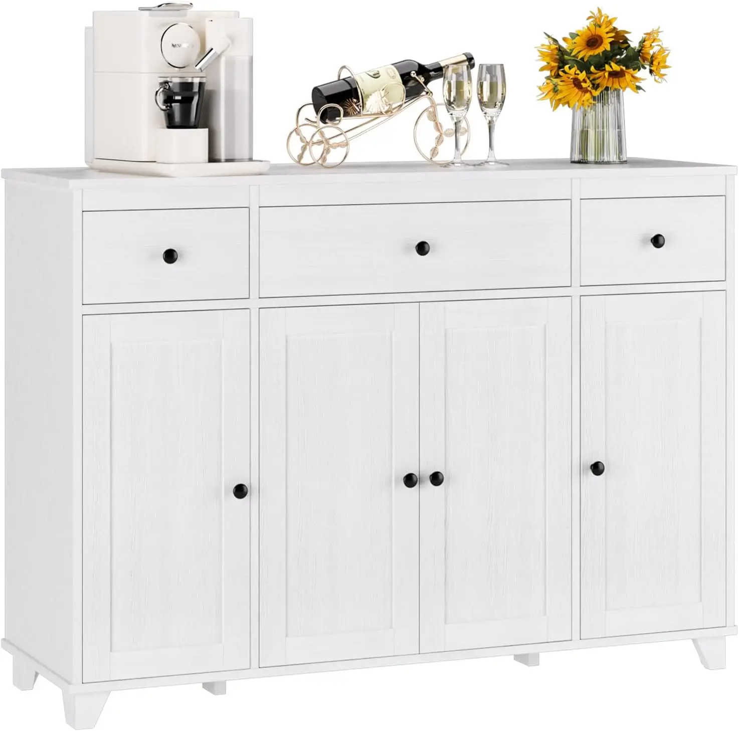 Buffet Cabinet White Sideboard Storage Cabinet with 3 Drawers & 4 Doors Adjustable Shelves, 47” Modern Coffee Bar Cabinet, Wood