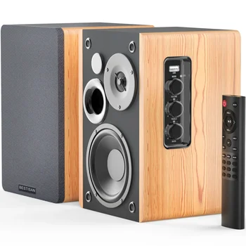 80W Powerful Channel 2.0 TV Sound System Super Bass Active Wood Grain Bookshelf Speaker Support Bluetooth /RCA/Optical/USB Input