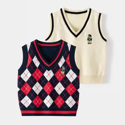 Boys' Fashion Cartoon Embroidered V-Neck Knitted Vest Spring Autumn Pullover Sleeveless Sweater Stylish Top for Kids, Ages 2-7