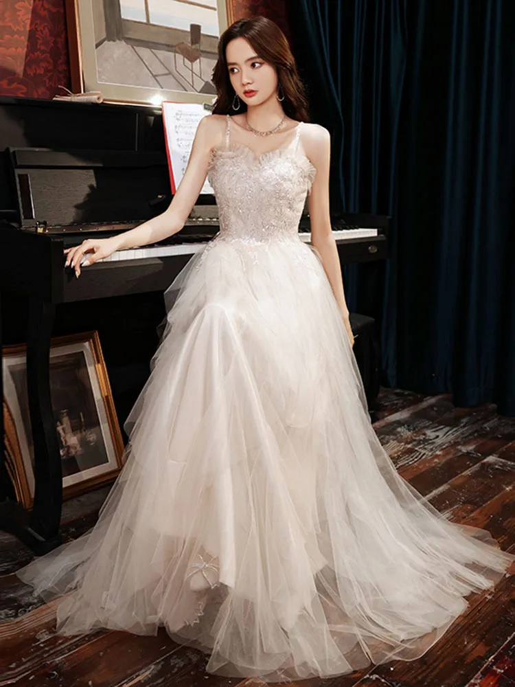 

Women Strapless Evening Dress Champagne Sleeveless Sequin Beaded Tulle Prom Gown Simple Elegent A-Line Cocktail Dresses