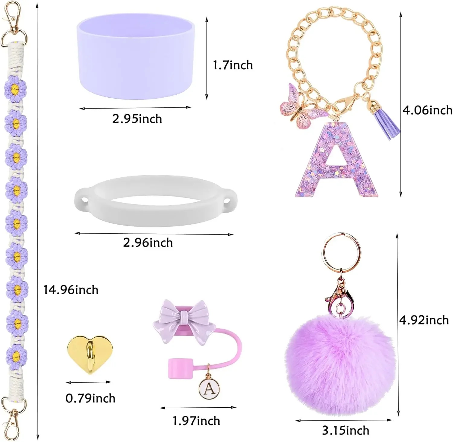 7PCS Accessories Set for Stanley Cup Purple Straw Topper Cup Boot Water Bottle Handle Strap Letter Charms 40oz 30oz Tumbler