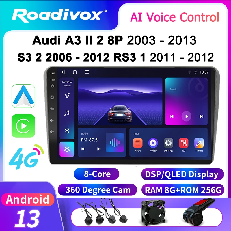 

roadivox Android car radio forAudi A3 II 2 8P 2003 2013 S3 2 2006 2012 RS3 1 2011 2012 Multimedia Player tape recorder carplay