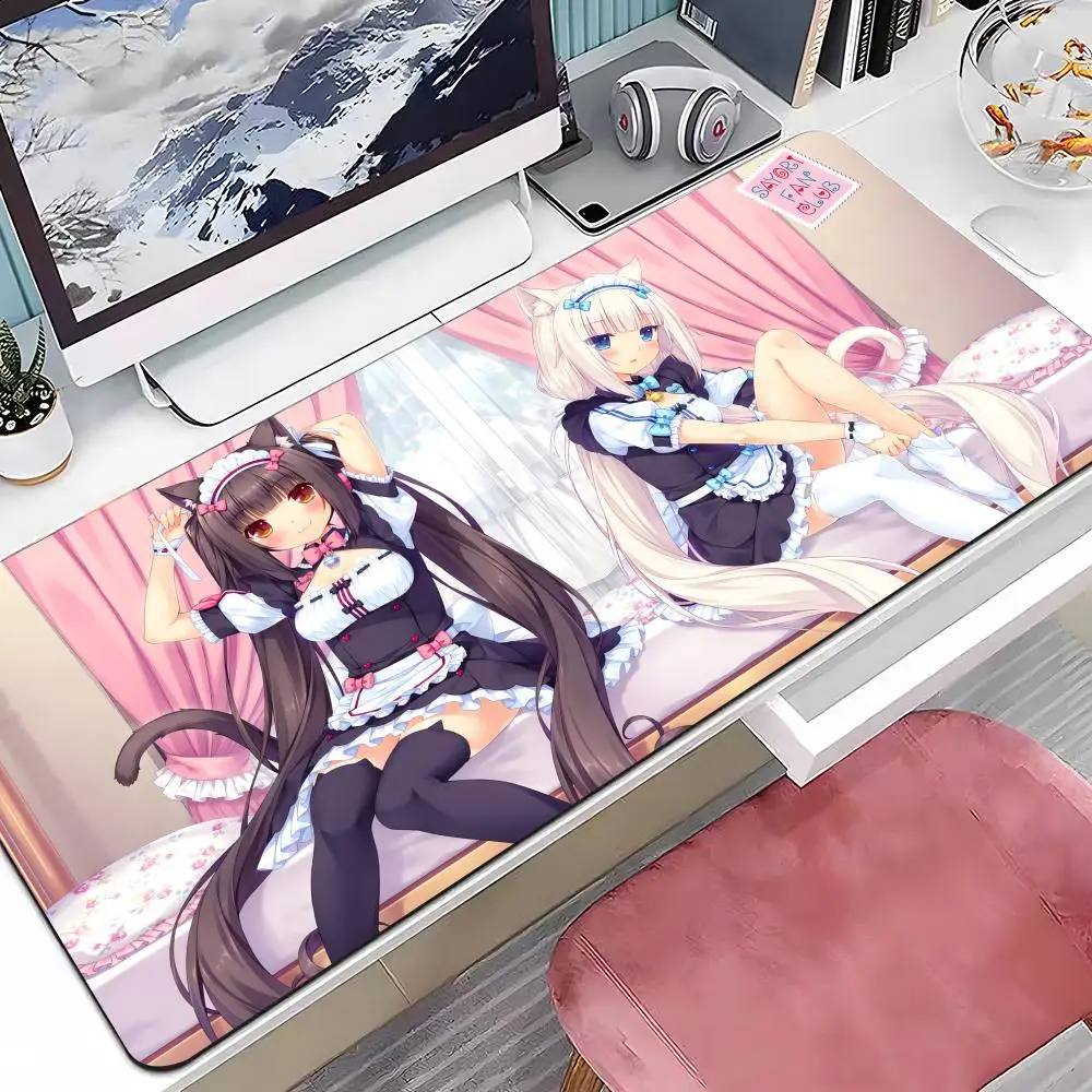 XXL Summer Beach Twin Beast Ear Anime Girls Gaming Desk Pad, Wear Resistant Rubber Base Lock Edge Non Slip Mouse Mat