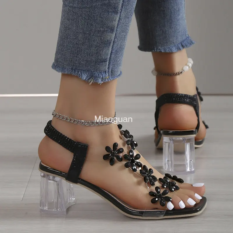 Transparent Square Heel Sandals for Woman Luxury Flash Drill Summer High Heels Fashion Women\'s Shoes Low Heels Sandalias Size 43