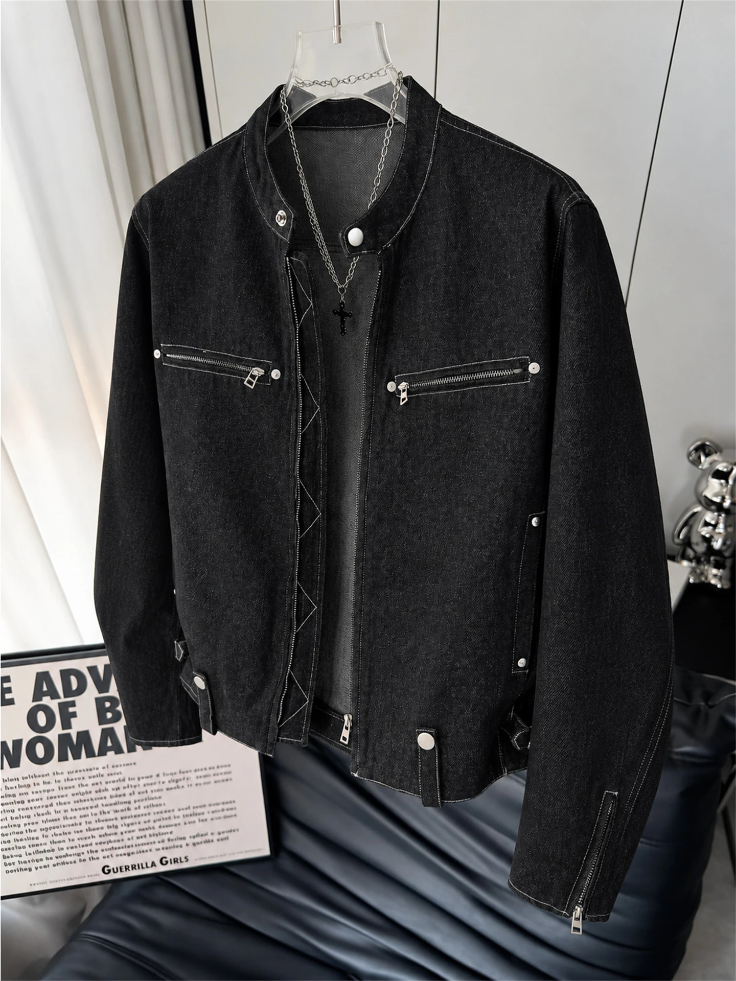 Black Rivet Stand Collar Jeans Jacket Men's Loose Commuter Jacket Spring Autumn American Deconstruction Retro Design Sense