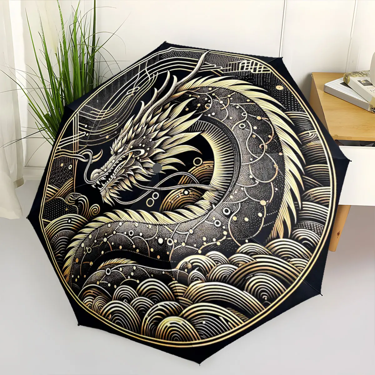 Golden Dragon Design with Waves and Geometric Art portable waterproof sun rain umbrella for outdoor travel beach