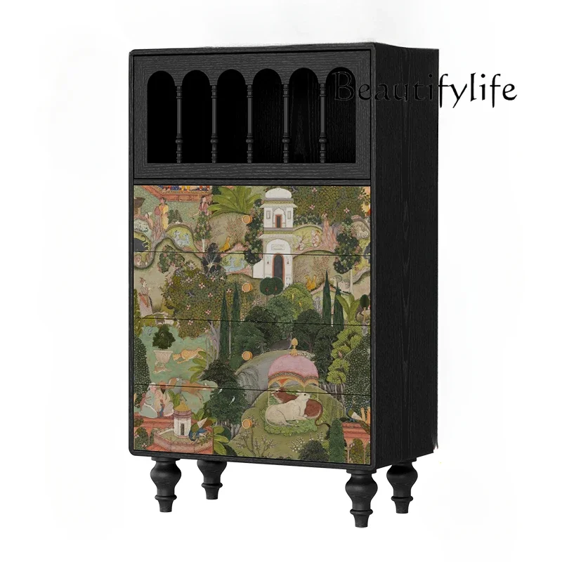X36 French Retro Style Solid Wood Four-chest Cabinet, Living Room Dining Side Cabinet, Sofa Side Storage Tea Cabinet