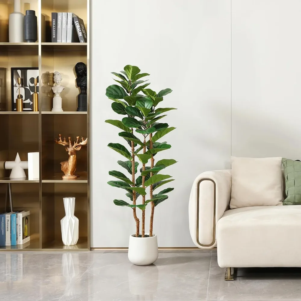 Artificial Fiddle Leaf Fig Tree with White Planter,5ft Tall Fake Tree with Natural Wood Trunk for Home , Faux Ficus Moss