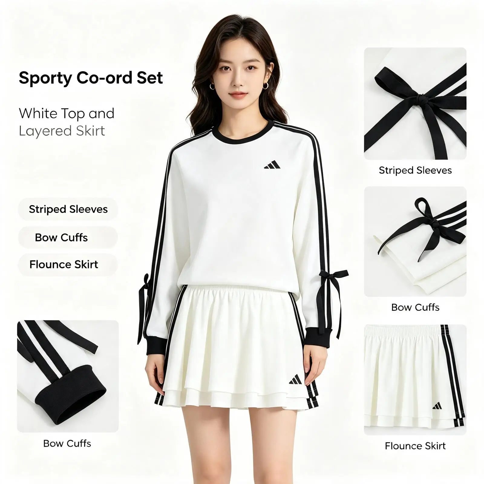 Adidas White Sporty Two-piece Outfit Set, Long Sleeve Striped Top And Layered Mini Skirt, Casual Coordinated Matching Set