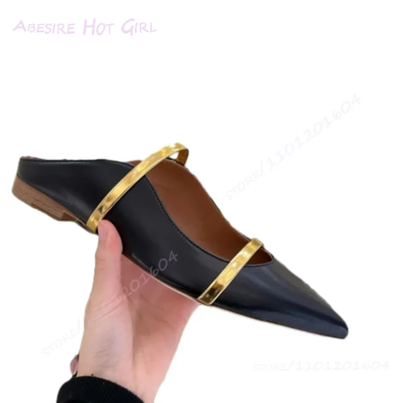 البغال المسطحة جلد أسود حزام الذهب المرأة عادية المنزل الكاكي وأشار النعال جوفاء الفضة الجانب موجة حذاء قماش جلد أبيض