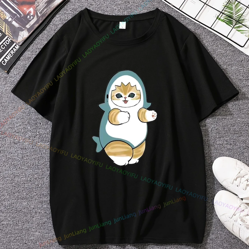 

Футболка с рисунком кота, женская футболка с забавным котом и акулой, большие модные футболки унисекс с короткими рукавами 90-х годов для мужчин, уличная футболка, футболка