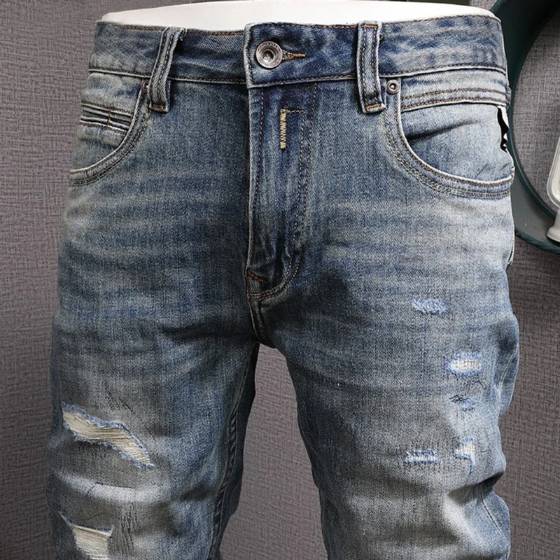 Italian Fashion Men Jeans High Quality Retro Blue Elastic Slim Ripped Jeans Men Patchwork Designer Vintage Denim Pants Hombre