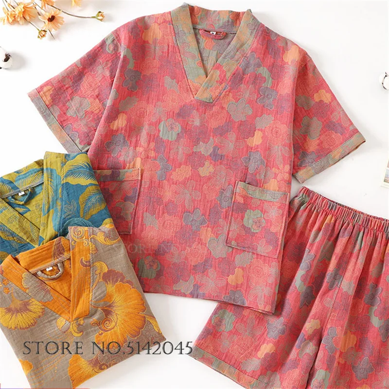 

Double Layer Cotton Gauze Women Pajamas Set Sleepwear Jacquard Short Sleeve Shorts Pijamas Suit Summer Loose Homewear Loungewear