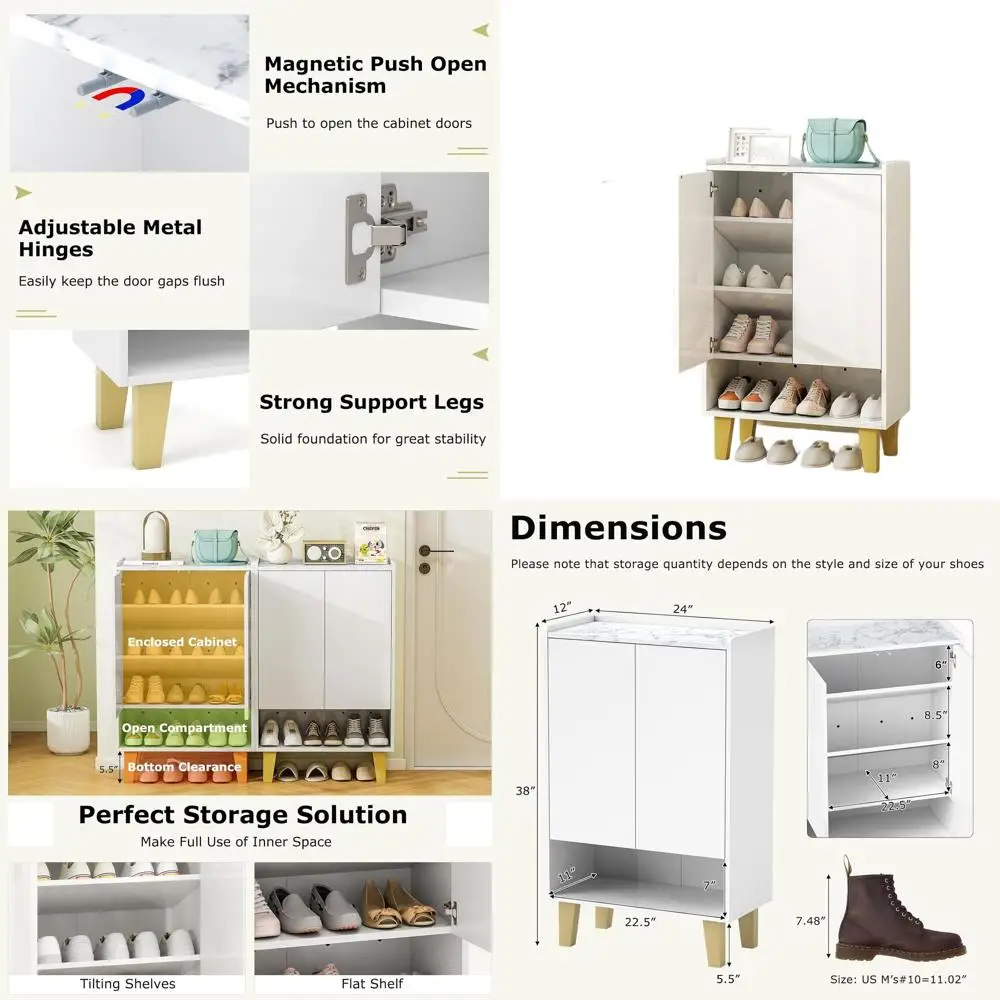 

5-Shelf Marble-Look Shoe Cabinet with Door, Anti-Tip Kit & Flat Shelves, Wooden Storage for Entryways, Halls, Living Rooms, Whit