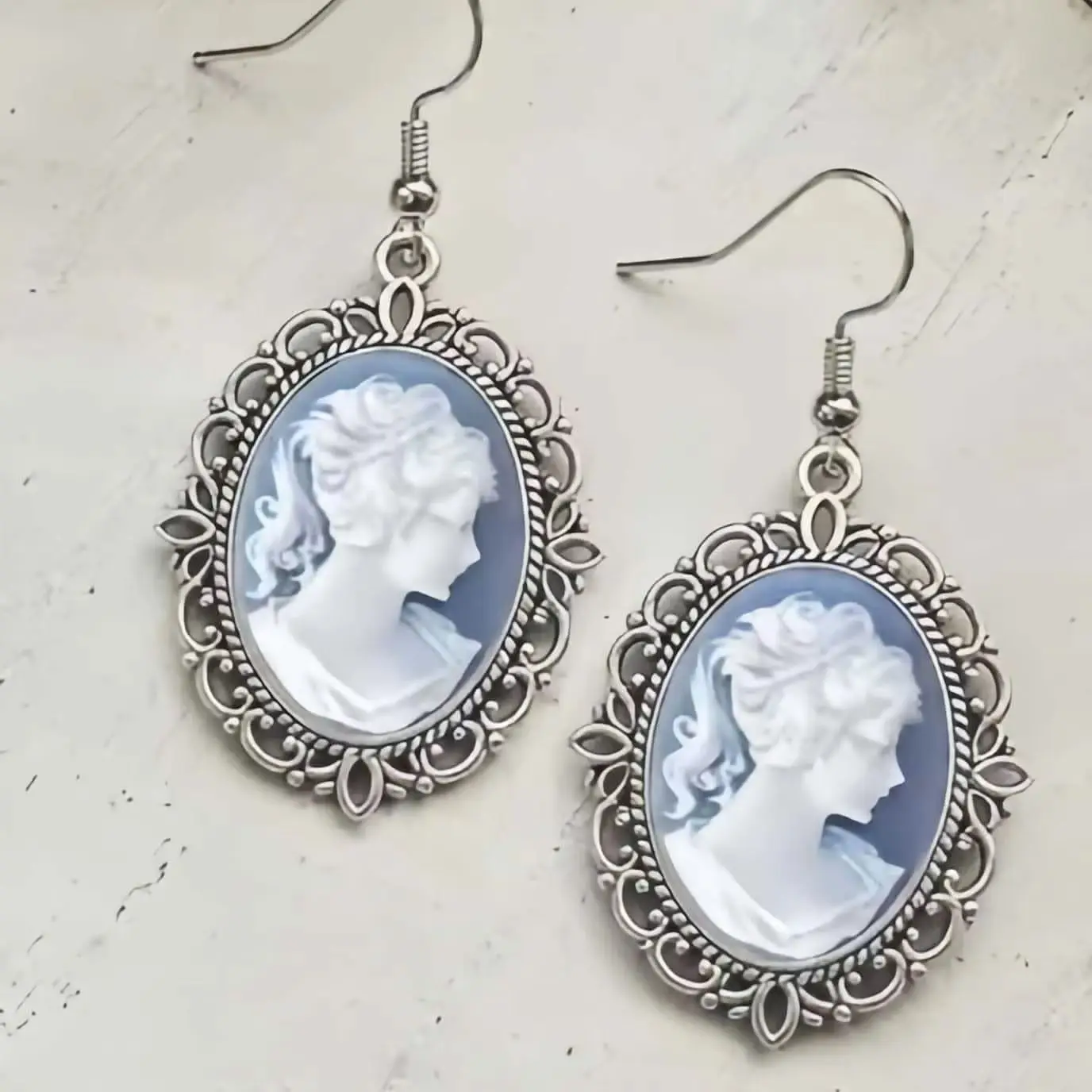 Beauty Cameo Earring, Engraved Jewelry, Victorian, Gothic Accessories, Vintage, Portrait Relief, Mysterious, Ear Hook. For Women